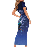 Tui Bird Matariki Galaxy Short Sleeve Bodycon Dress Koru Silver Fern Aotearoa