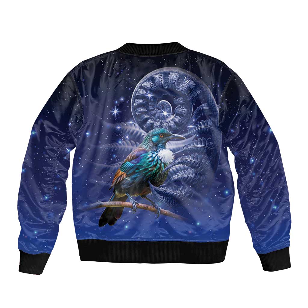 Tui Bird Matariki Galaxy Sleeve Zip Bomber Jacket Koru Silver Fern Aotearoa
