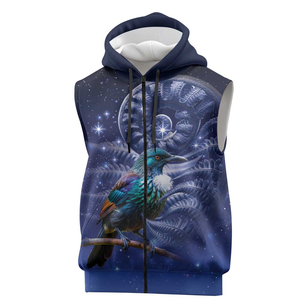 Tui Bird Matariki Galaxy Sleeveless Zip Hoodie Koru Silver Fern Aotearoa