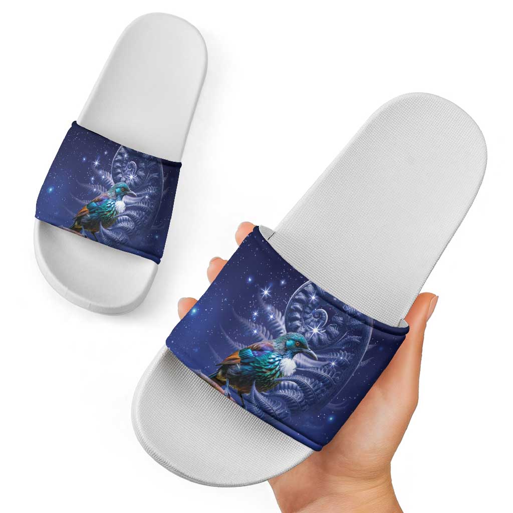Tui Bird Matariki Galaxy Slide Sandals Koru Silver Fern Aotearoa LT9 - Polynesian Pride