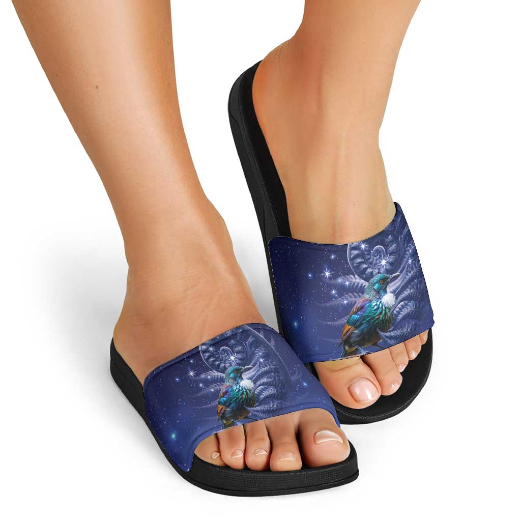 Tui Bird Matariki Galaxy Slide Sandals Koru Silver Fern Aotearoa LT9 - Polynesian Pride