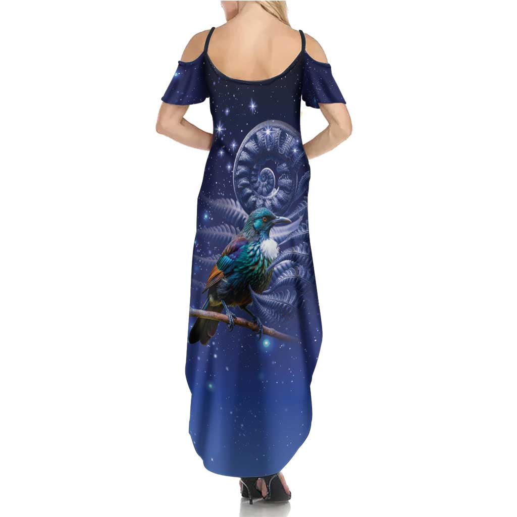 Tui Bird Matariki Galaxy Summer Maxi Dress Koru Silver Fern Aotearoa