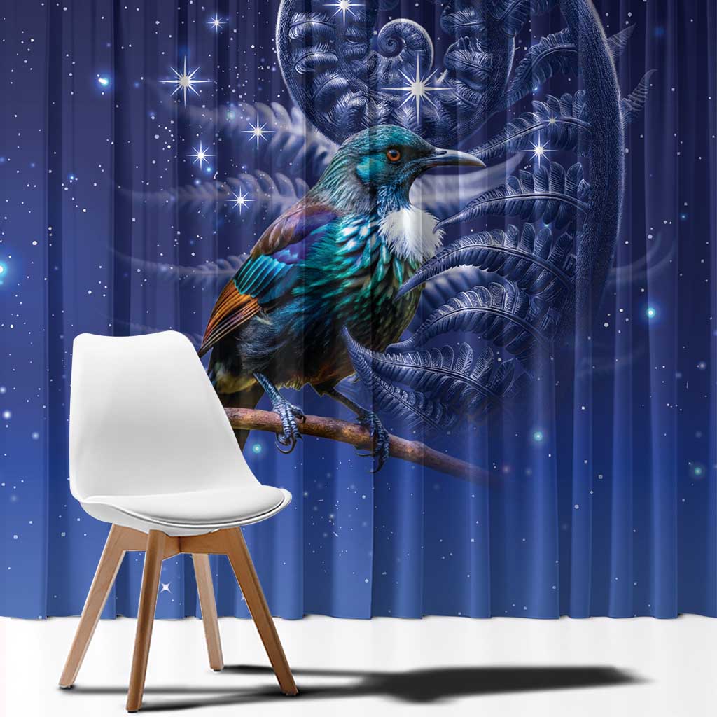 Tui Bird Matariki Galaxy Window Curtain Koru Silver Fern Aotearoa