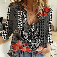 Hawaii Hammerhead Shark Women Casual Shirt Polynesian Vintage Vibes LT9 Female Black - Polynesian Pride