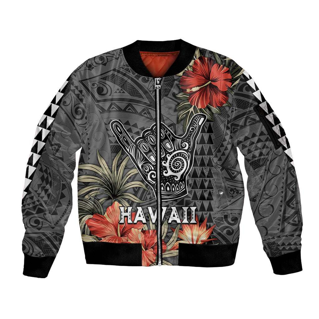 Hawaii Shaka Surf Hand Sign Sleeve Zip Bomber Jacket Polynesian Vintage Vibes LT9 Unisex Black - Polynesian Pride