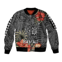 Hawaii Shaka Surf Hand Sign Sleeve Zip Bomber Jacket Polynesian Vintage Vibes LT9 Unisex Black - Polynesian Pride