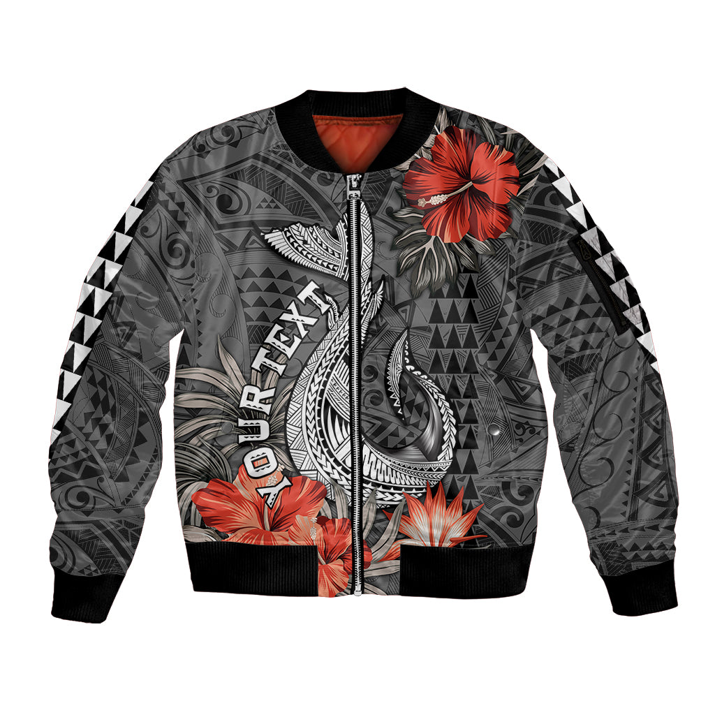 Personalised Hawaii Fish Hook Sleeve Zip Bomber Jacket Polynesian Vintage Vibes LT9 Unisex Black - Polynesian Pride