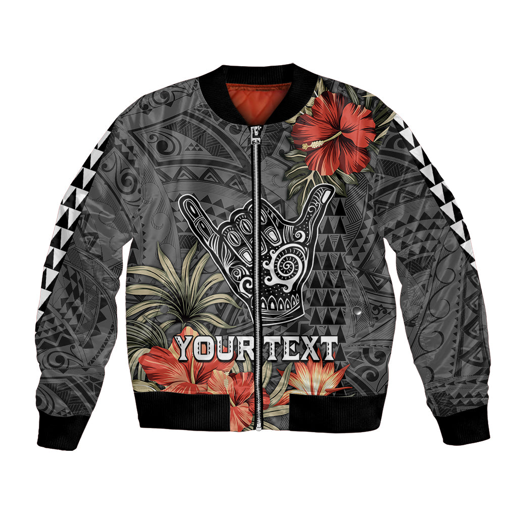 Personalised Hawaii Shaka Surf Hand Sign Bomber Jacket Polynesian Vintage Vibes LT9 Unisex Black - Polynesian Pride