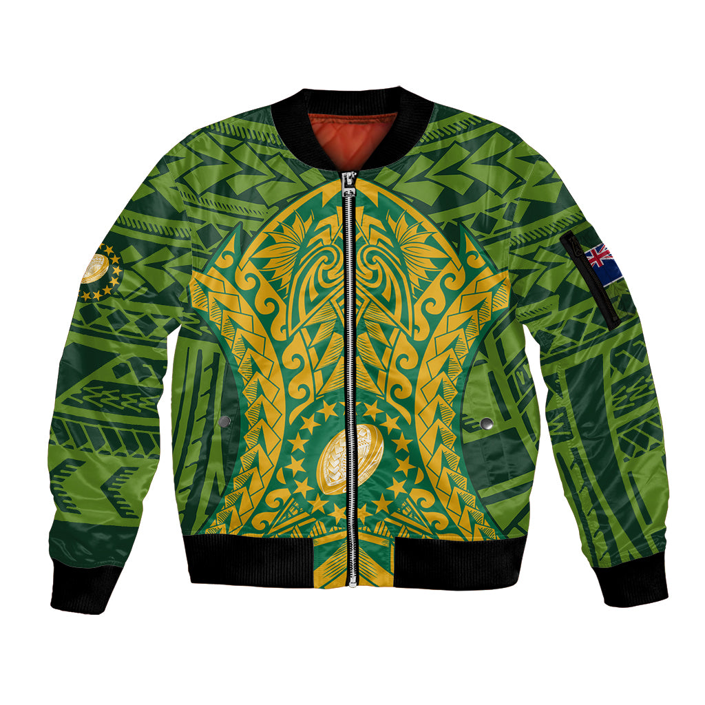 Cook Islands Rugby Sleeve Zip Bomber Jacket Kukis Athletic Style LT9 Unisex Green - Polynesian Pride