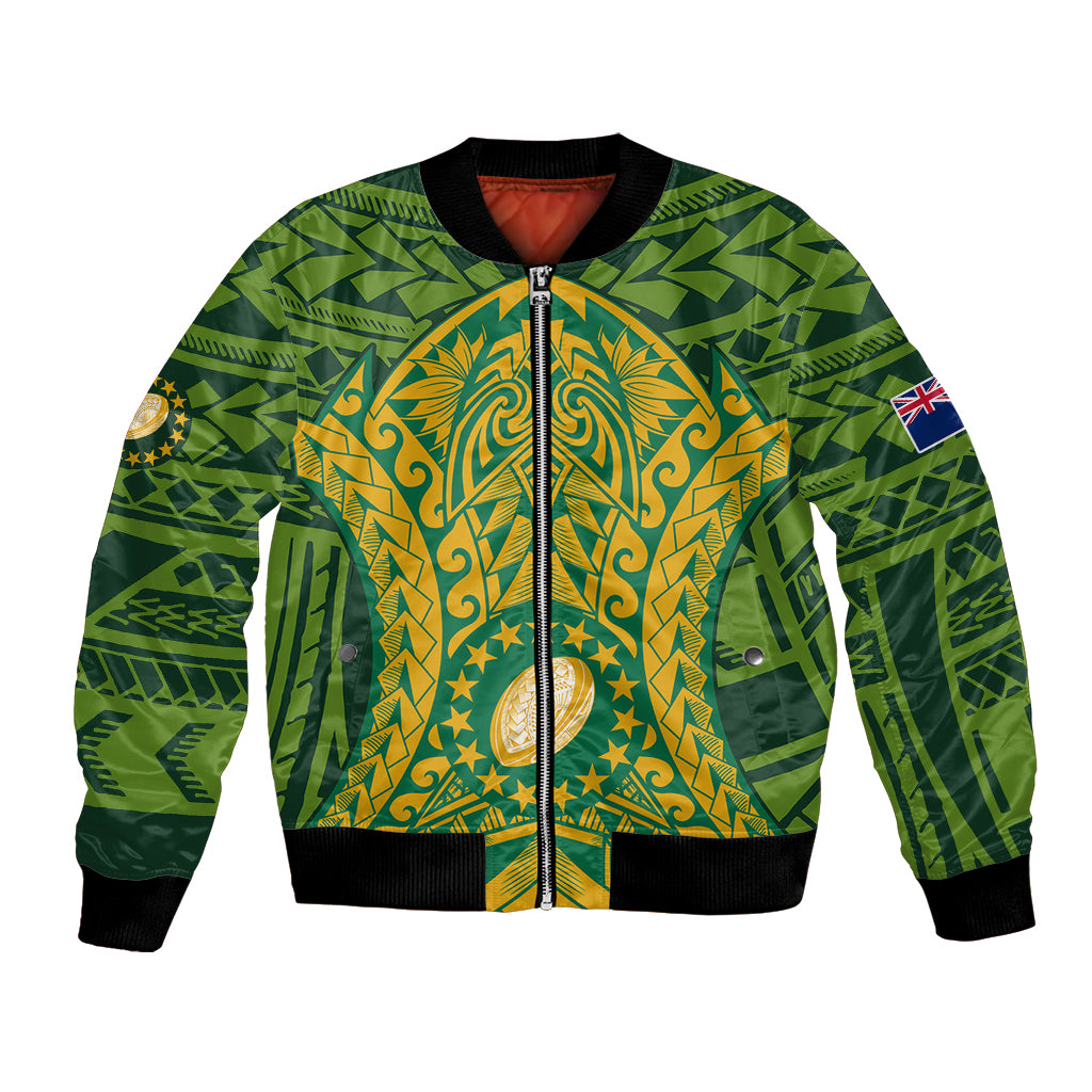 Personalised Cook Islands Rugby Bomber Jacket Kukis Athletic Style LT9 Unisex Green - Polynesian Pride
