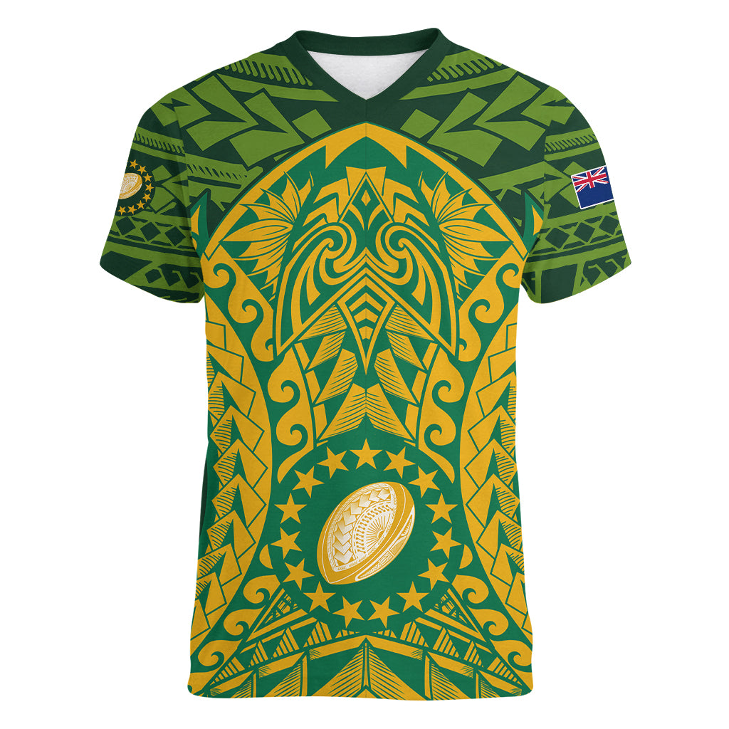 Personalised Cook Islands Rugby Women V Neck T Shirt Kukis Athletic Style LT9 Female Green - Polynesian Pride