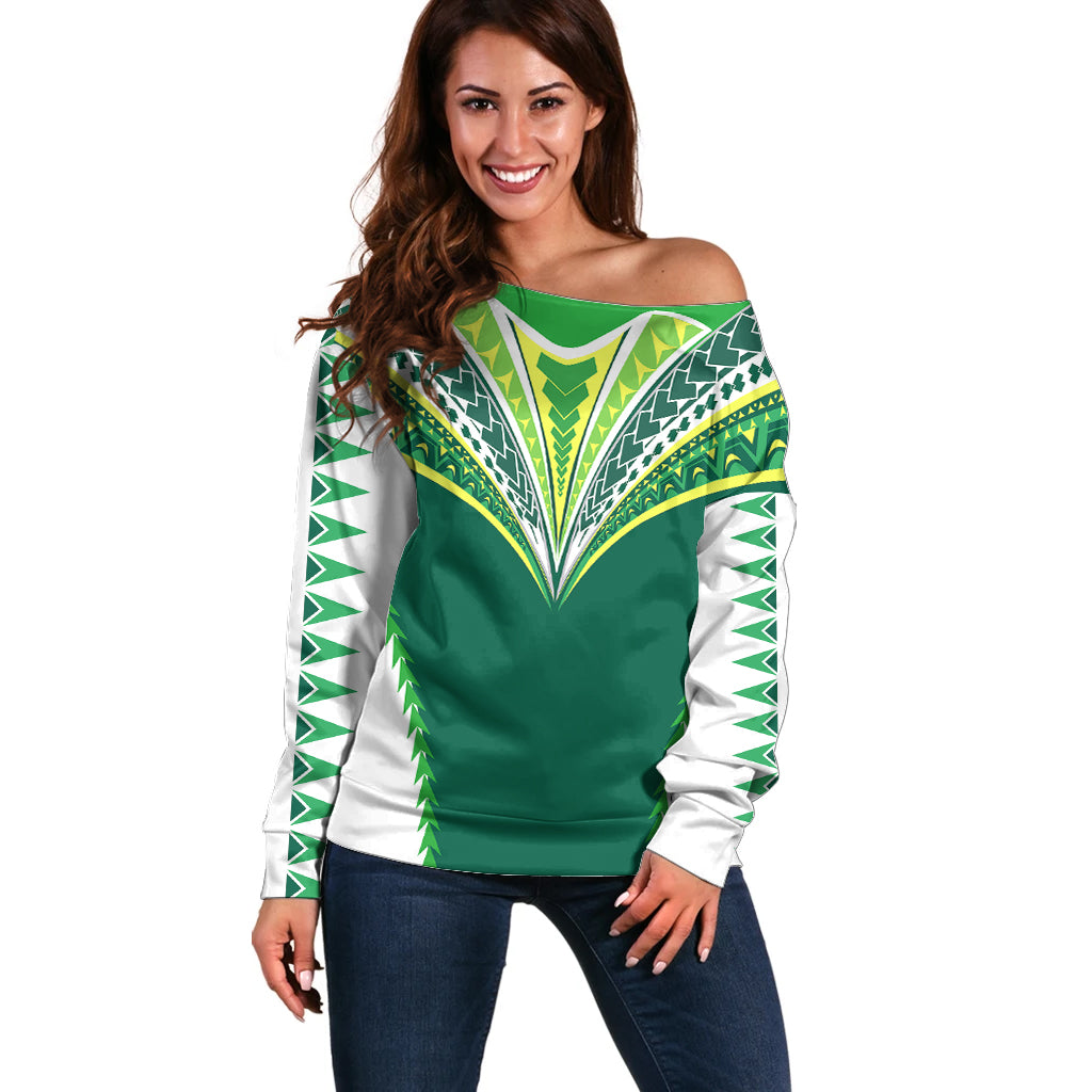 Polynesian Pride Cook Islands Rugby Off Shoulder Sweater No1 LT9 Women Green - Polynesian Pride