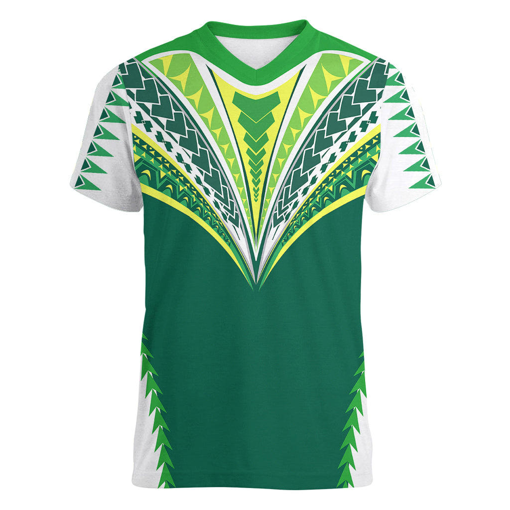 Polynesian Pride Cook Islands Rugby Women V Neck T Shirt No1 LT9 Female Green - Polynesian Pride