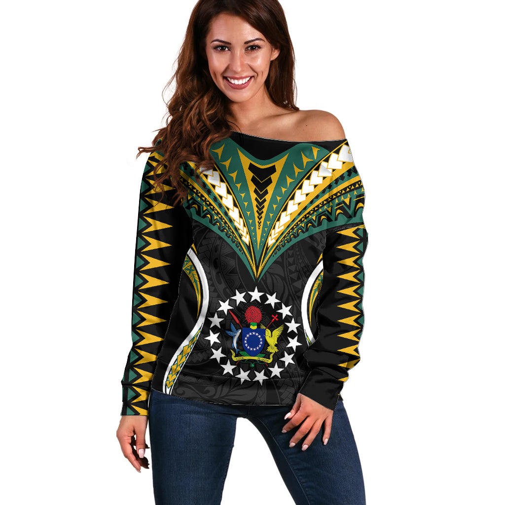 Polynesian Pride Cook Islands Off Shoulder Sweater Tribal Wave Style LT9 Women Black - Polynesian Pride