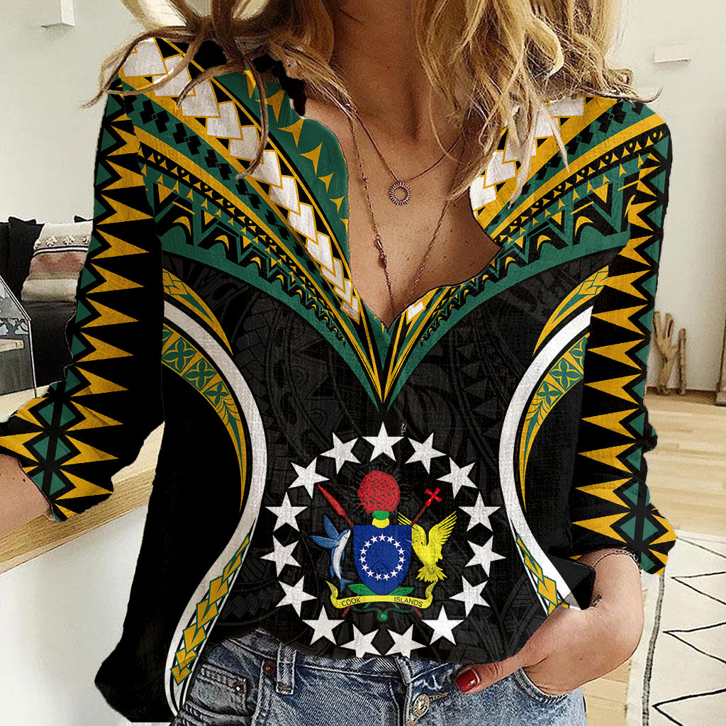 Polynesian Pride Cook Islands Women Casual Shirt Tribal Wave Style LT9 Female Black - Polynesian Pride