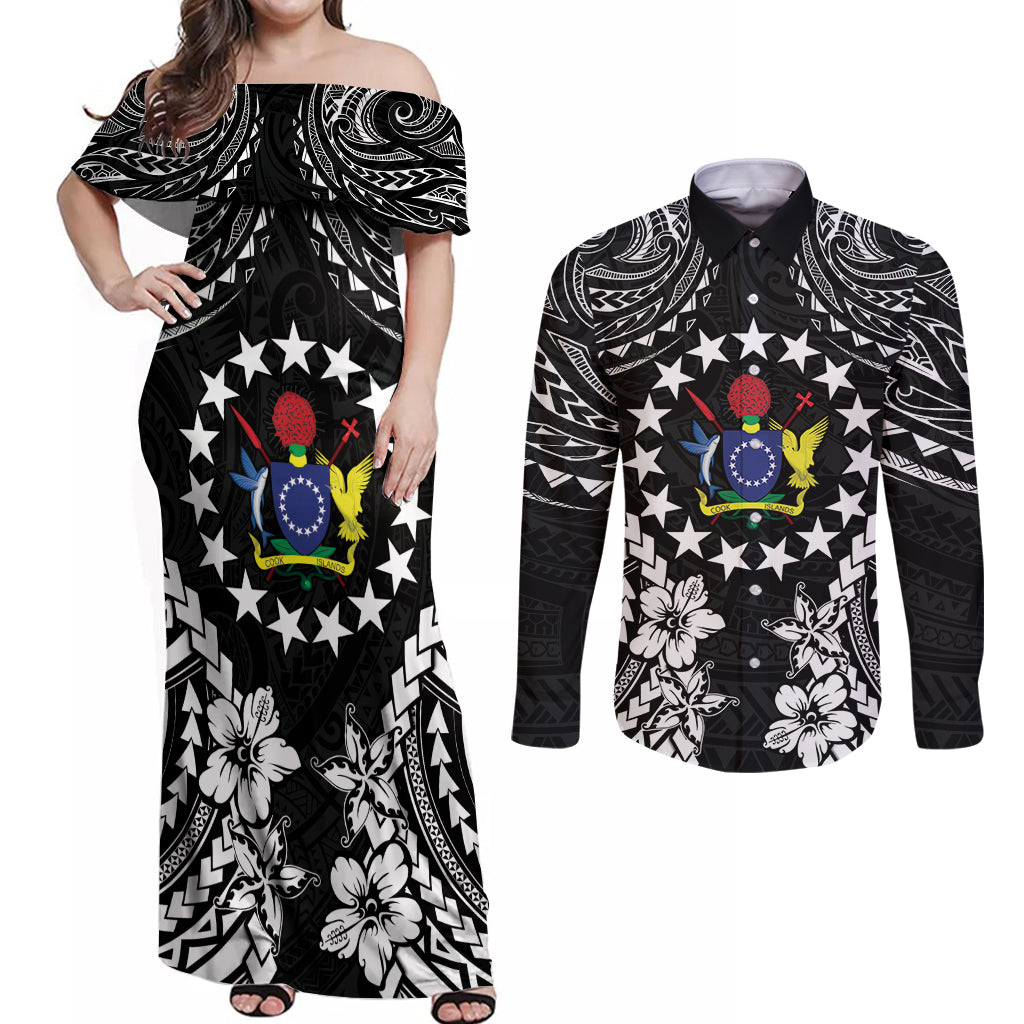 Cook Islands Ra o te Ui Ariki Est 1967 Couples Matching Off Shoulder Maxi Dress and Long Sleeve Button Shirt LT9 Black - Polynesian Pride