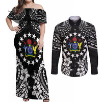 Cook Islands Ra o te Ui Ariki Est 1967 Couples Matching Off Shoulder Maxi Dress and Long Sleeve Button Shirt LT9 Black - Polynesian Pride