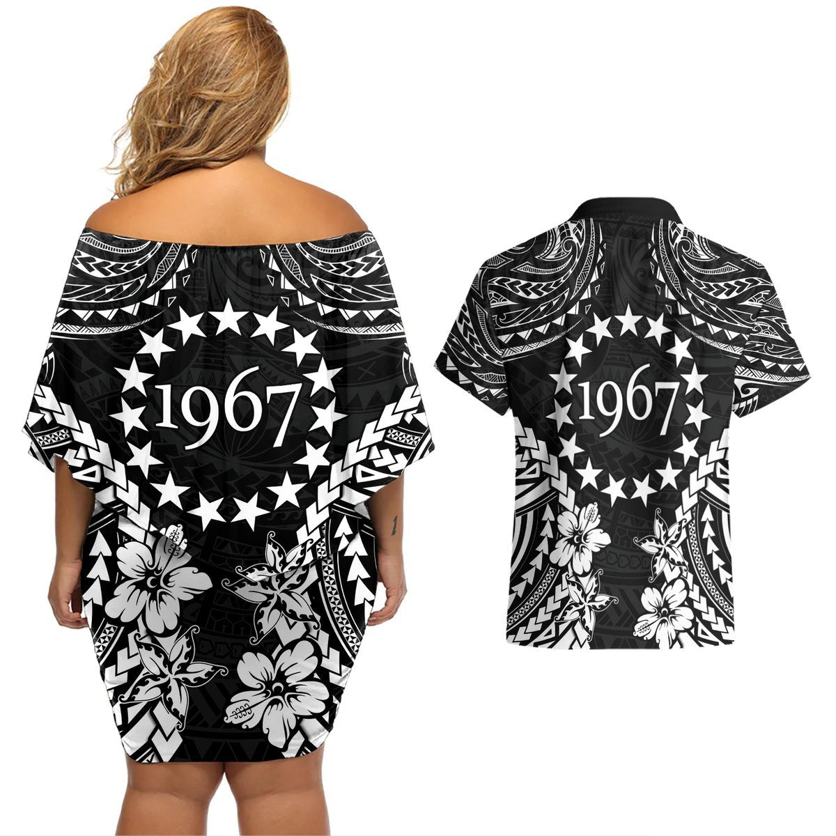 Cook Islands Ra o te Ui Ariki Est 1967 Couples Matching Off Shoulder Short Dress and Hawaiian Shirt LT9 - Polynesian Pride