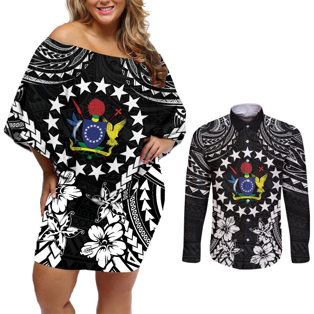 Cook Islands Ra o te Ui Ariki Est 1967 Couples Matching Off Shoulder Short Dress and Long Sleeve Button Shirt LT9 Black - Polynesian Pride