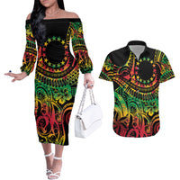 Cook Islands 15 Stars Couples Matching Off The Shoulder Long Sleeve Dress and Hawaiian Shirt Kuki Airani Polynesian Tribal Wave Tattoo
