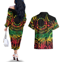 Cook Islands 15 Stars Couples Matching Off The Shoulder Long Sleeve Dress and Hawaiian Shirt Kuki Airani Polynesian Tribal Wave Tattoo