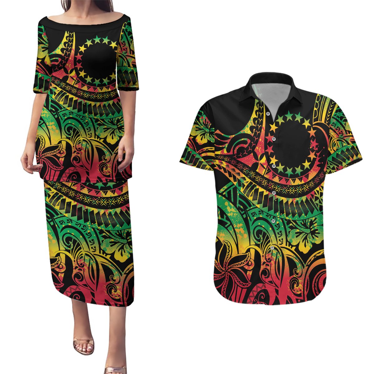 Cook Islands 15 Stars Couples Matching Puletasi and Hawaiian Shirt Kuki Airani Polynesian Tribal Wave Tattoo