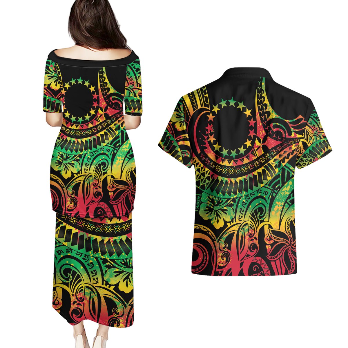 Cook Islands 15 Stars Couples Matching Puletasi and Hawaiian Shirt Kuki Airani Polynesian Tribal Wave Tattoo