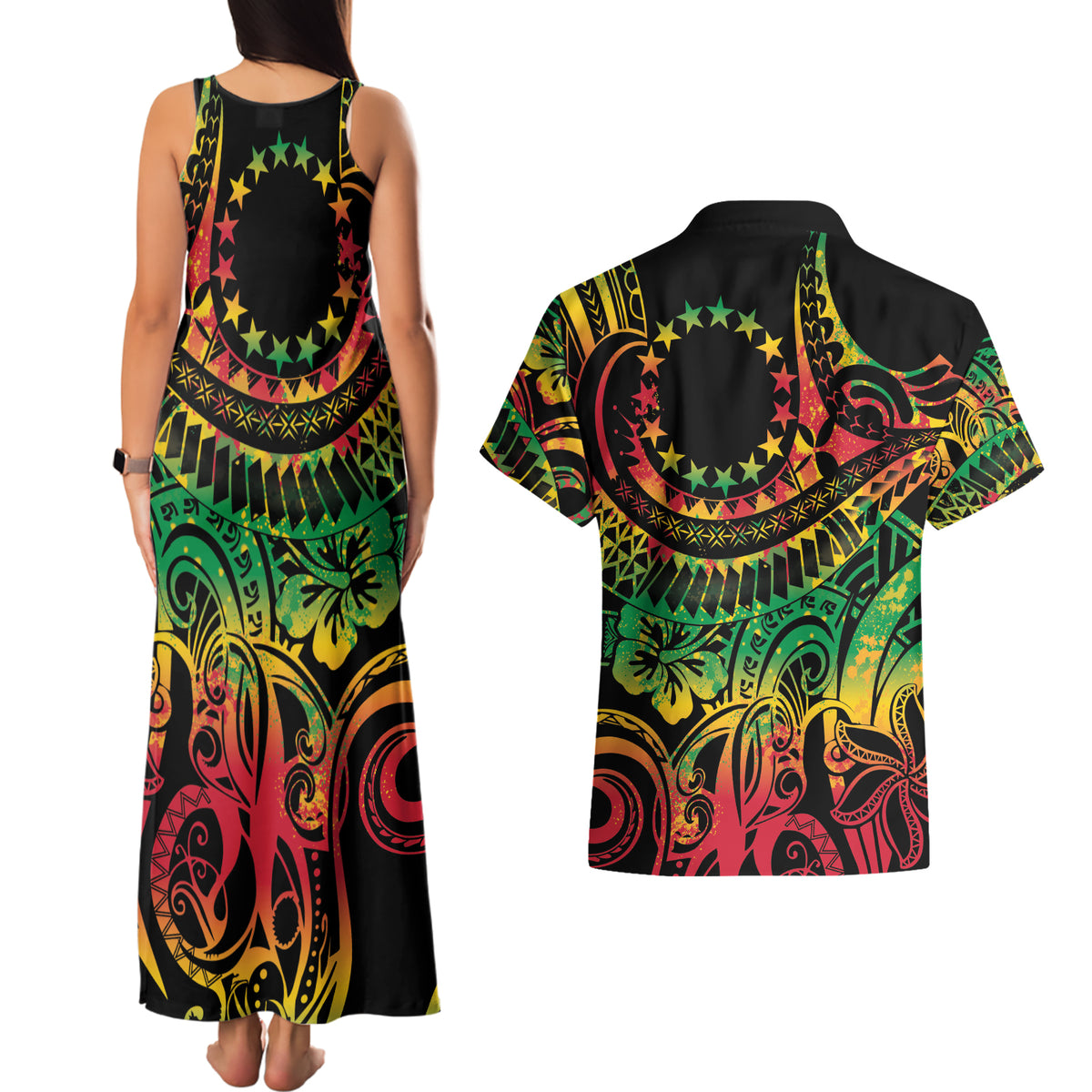 Cook Islands 15 Stars Couples Matching Tank Maxi Dress and Hawaiian Shirt Kuki Airani Polynesian Tribal Wave Tattoo LT9 - Polynesian Pride