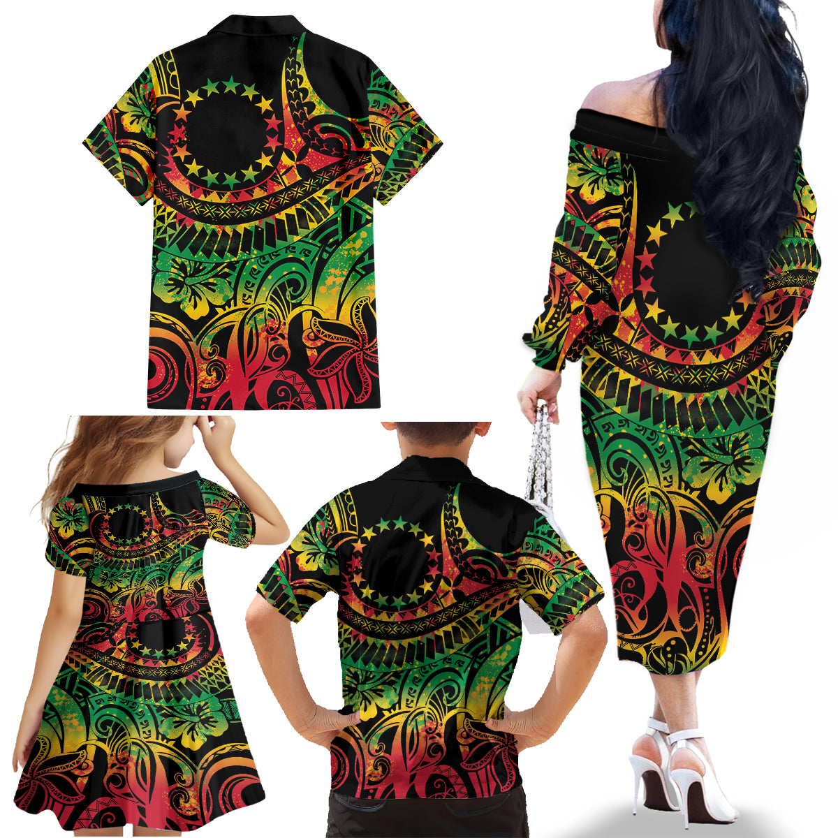 Cook Islands 15 Stars Family Matching Off The Shoulder Long Sleeve Dress and Hawaiian Shirt Kuki Airani Polynesian Tribal Wave Tattoo