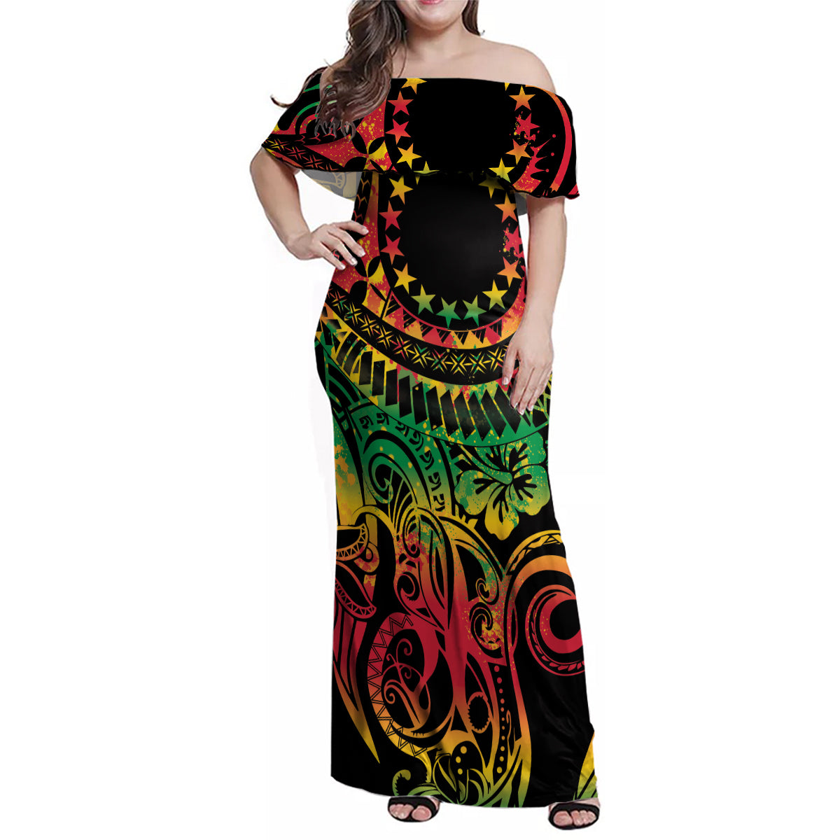 Cook Islands 15 Stars Family Matching Off Shoulder Maxi Dress and Hawaiian Shirt Kuki Airani Polynesian Tribal Wave Tattoo