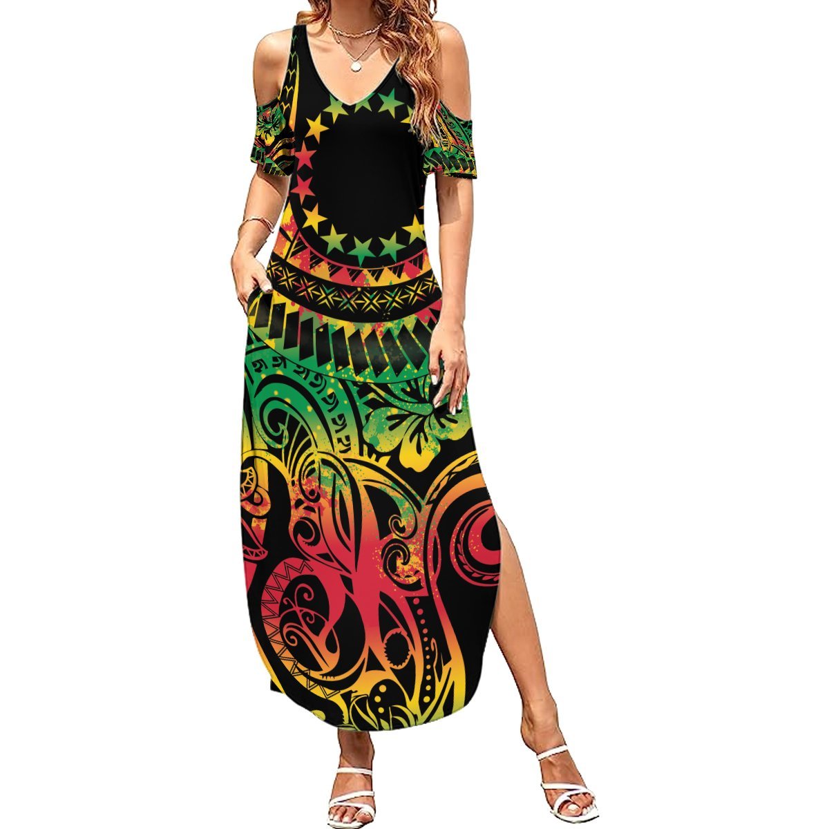 Cook Islands 15 Stars Summer Maxi Dress Kuki Airani Polynesian Tribal Wave Tattoo LT9 Women Reggae - Polynesian Pride