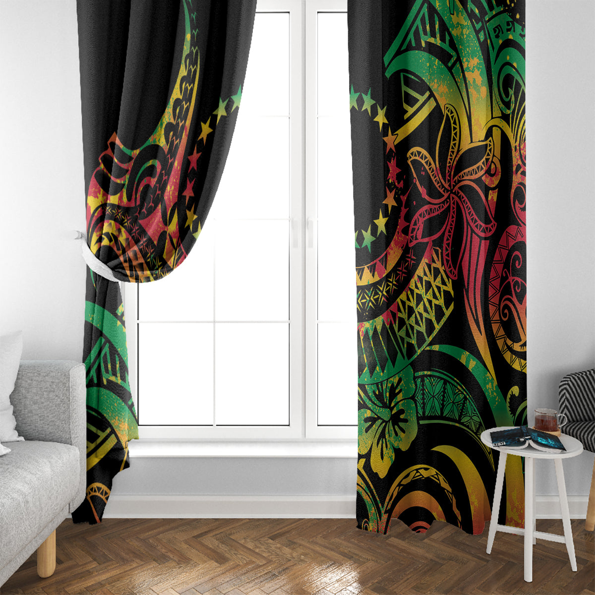 Cook Islands 15 Stars Window Curtain Kuki Airani Polynesian Tribal Wave Tattoo