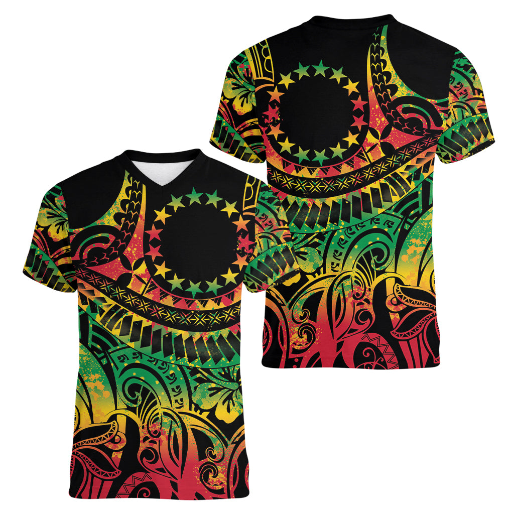 Cook Islands 15 Stars Women V-Neck T-Shirt Kuki Airani Polynesian Tribal Wave Tattoo