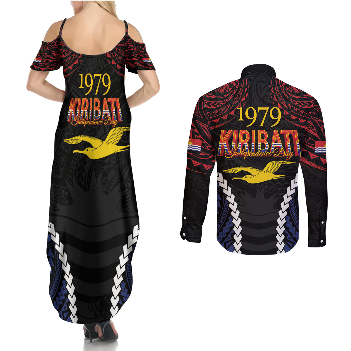 Kiribati 45th Anniversary Independence Day Couples Matching Summer Maxi Dress and Long Sleeve Button Shirt Since 1979