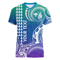 Custom King Kamehameha Day Hawaii Women V Neck T Shirt Paradise of the Pacific Tribal Kakau - Gradient LT9 Female Gradient - Polynesian Pride