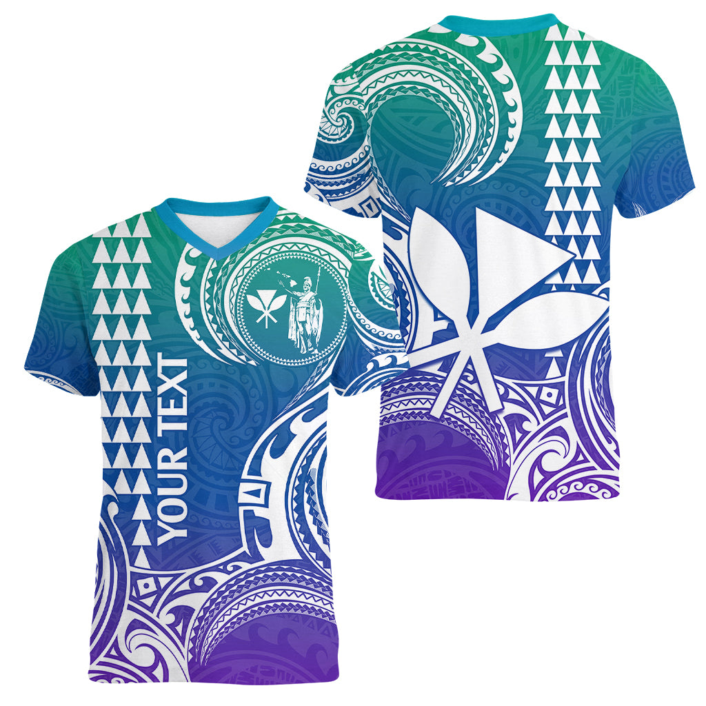Custom King Kamehameha Day Hawaii Women V Neck T Shirt Paradise of the Pacific Tribal Kakau - Gradient LT9 - Polynesian Pride