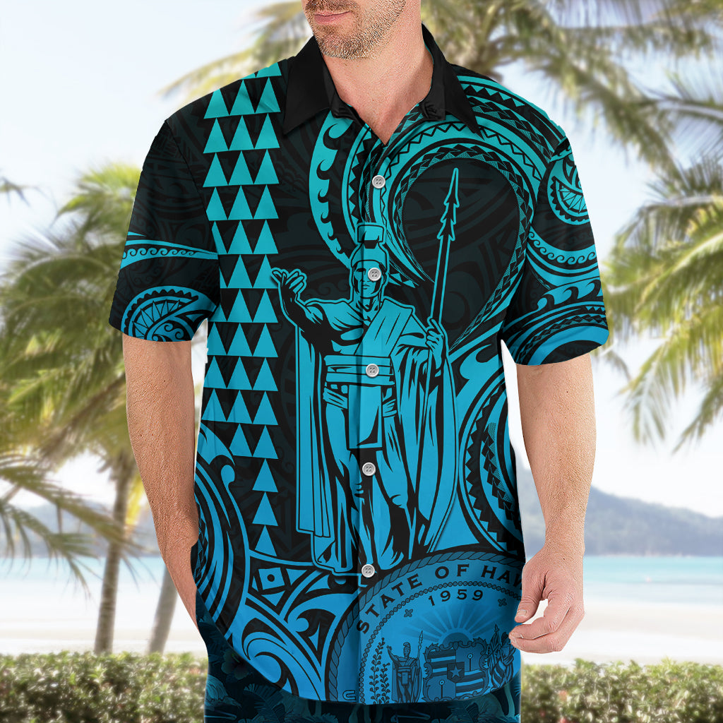 King Kamehameha Day Hawaii Hawaiian Shirt Paradise of the Pacific Tribal Kakau with Kanaka Maoli - Aqua LT9 - Polynesian Pride