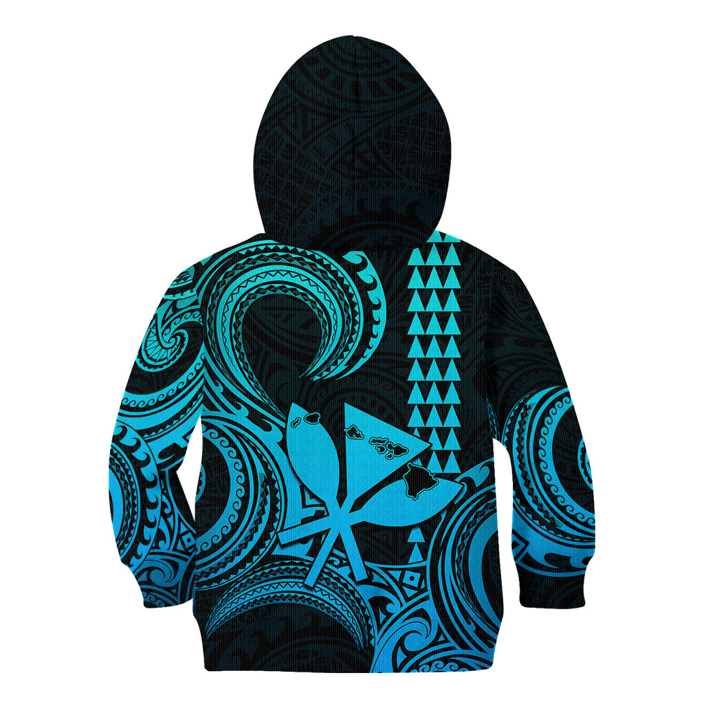 King Kamehameha Day Hawaii Kid Hoodie Paradise of the Pacific Tribal Kakau with Kanaka Maoli - Aqua LT9 - Polynesian Pride