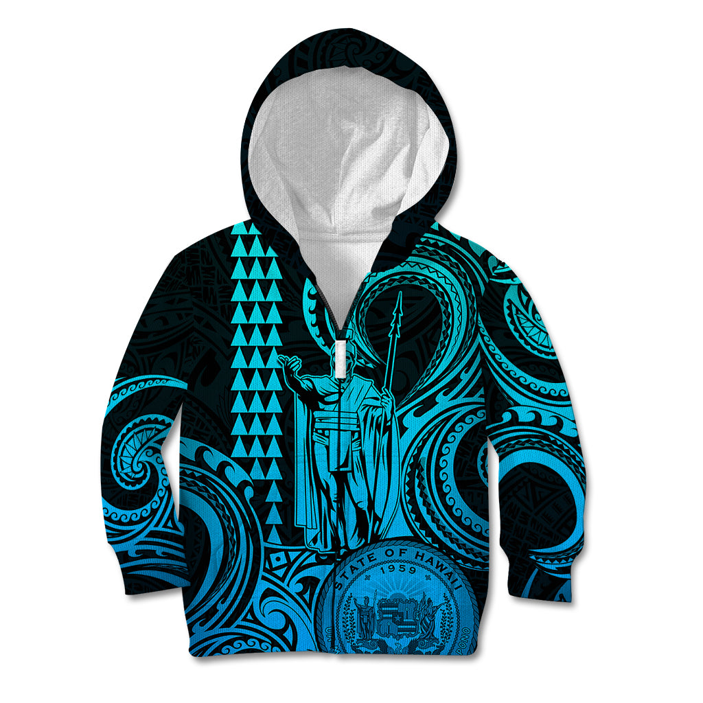King Kamehameha Day Hawaii Kid Hoodie Paradise of the Pacific Tribal Kakau with Kanaka Maoli - Aqua LT9 - Polynesian Pride