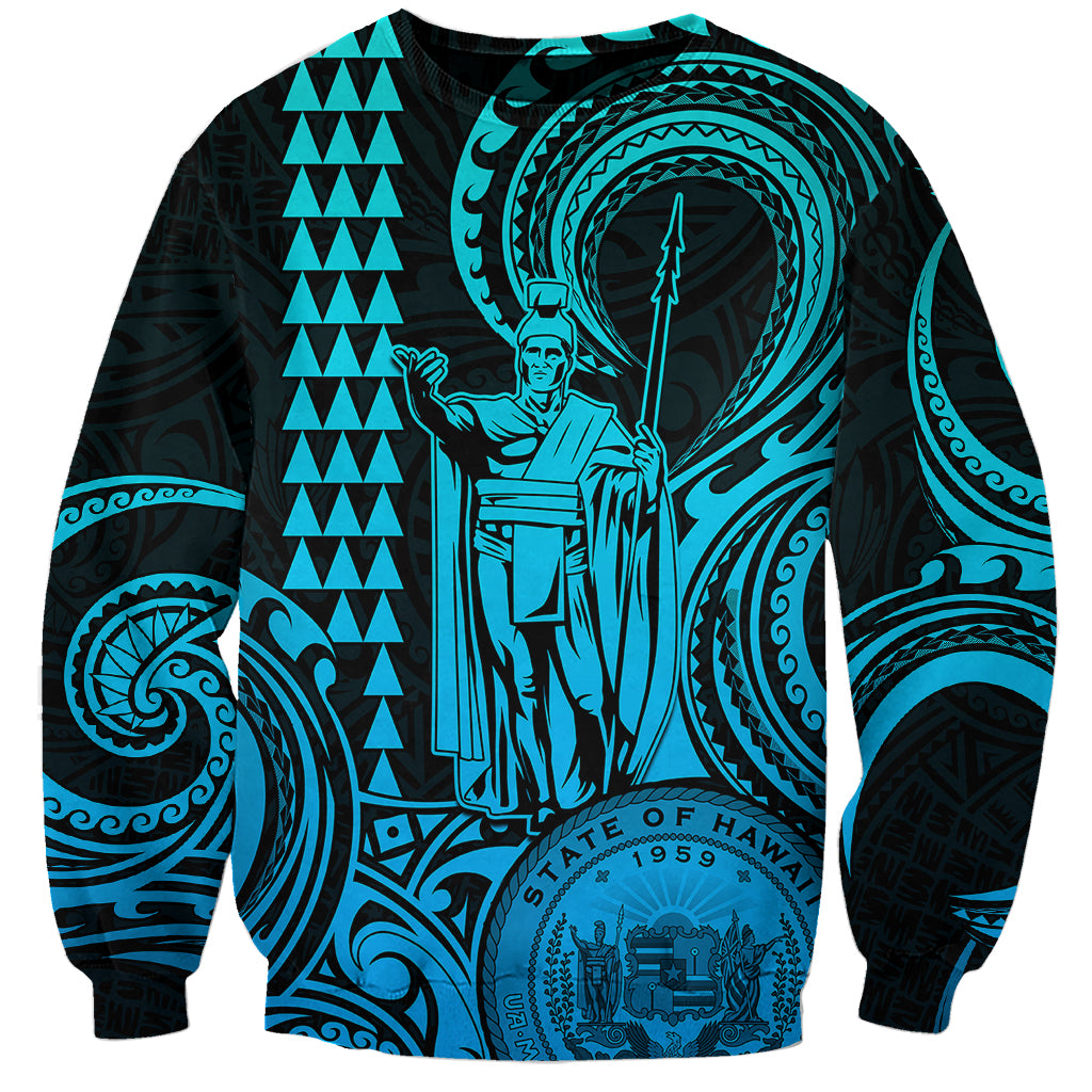 King Kamehameha Day Hawaii Sweatshirt Paradise of the Pacific Tribal Kakau with Kanaka Maoli - Aqua LT9 Unisex Aqua - Polynesian Pride
