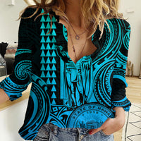 King Kamehameha Day Hawaii Women Casual Shirt Paradise of the Pacific Tribal Kakau with Kanaka Maoli - Aqua LT9 Female Aqua - Polynesian Pride