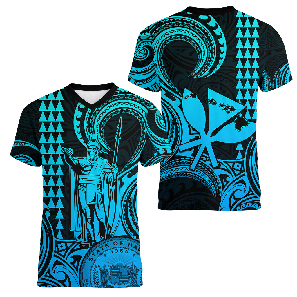 King Kamehameha Day Hawaii Women V Neck T Shirt Paradise of the Pacific Tribal Kakau with Kanaka Maoli - Aqua LT9 - Polynesian Pride