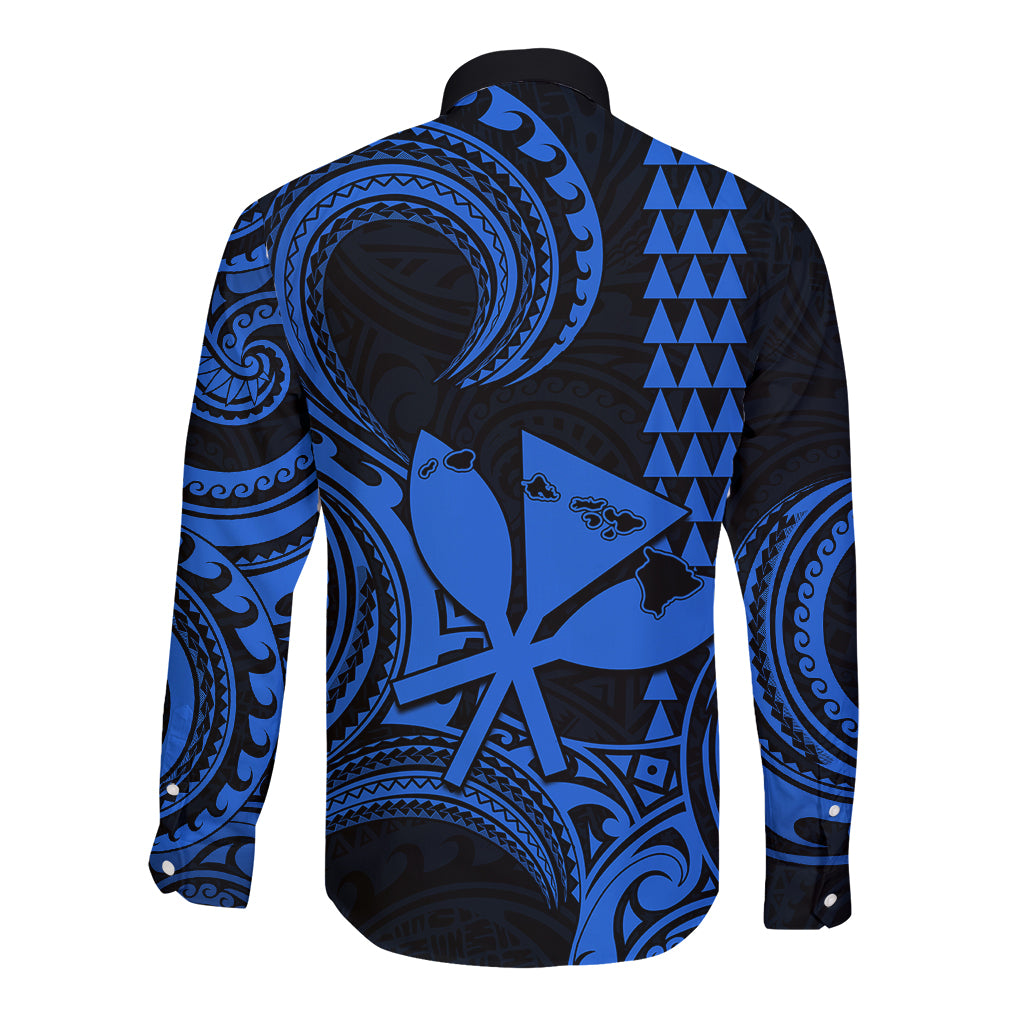 King Kamehameha Day Hawaii Long Sleeve Button Shirt Paradise of the Pacific Tribal Kakau with Kanaka Maoli - Blue LT9 - Polynesian Pride