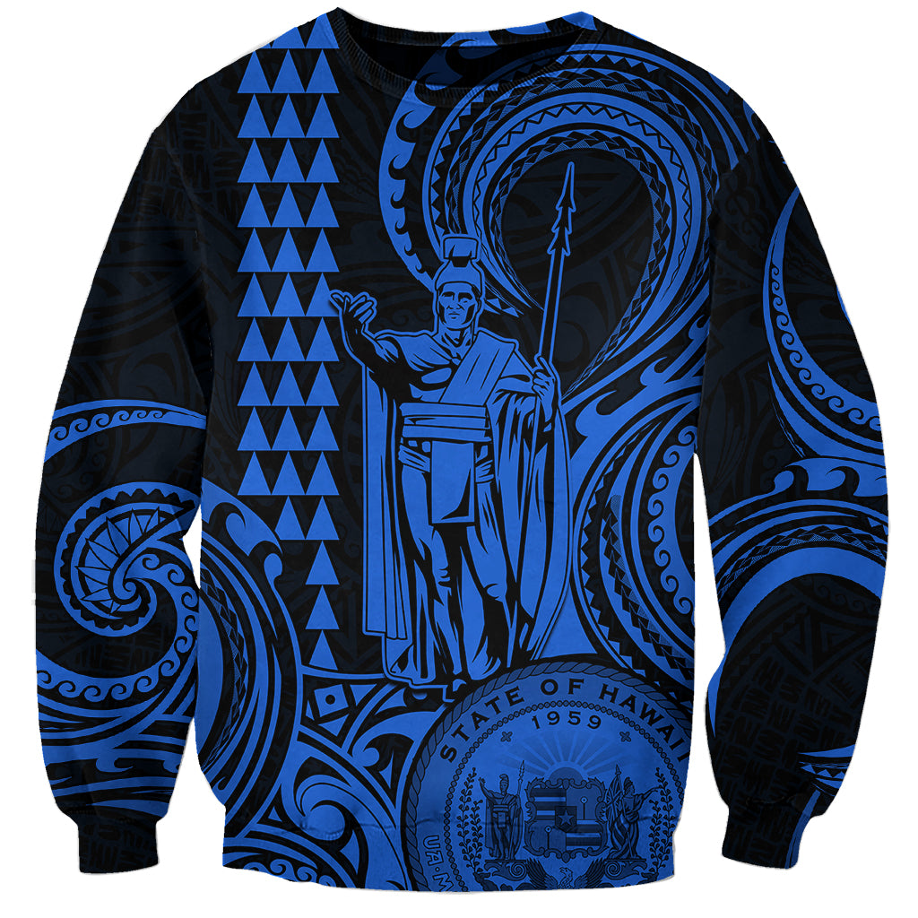 King Kamehameha Day Hawaii Sweatshirt Paradise of the Pacific Tribal Kakau with Kanaka Maoli - Blue LT9 Unisex Blue - Polynesian Pride
