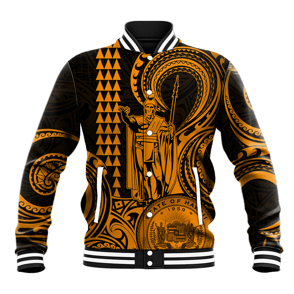 King Kamehameha Day Hawaii Baseball Jacket Paradise of the Pacific Tribal Kakau with Kanaka Maoli - Gold LT9 Unisex Gold - Polynesian Pride