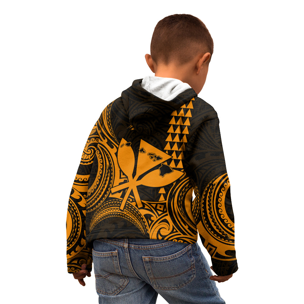 King Kamehameha Day Hawaii Kid Hoodie Paradise of the Pacific Tribal Kakau with Kanaka Maoli - Gold LT9 - Polynesian Pride