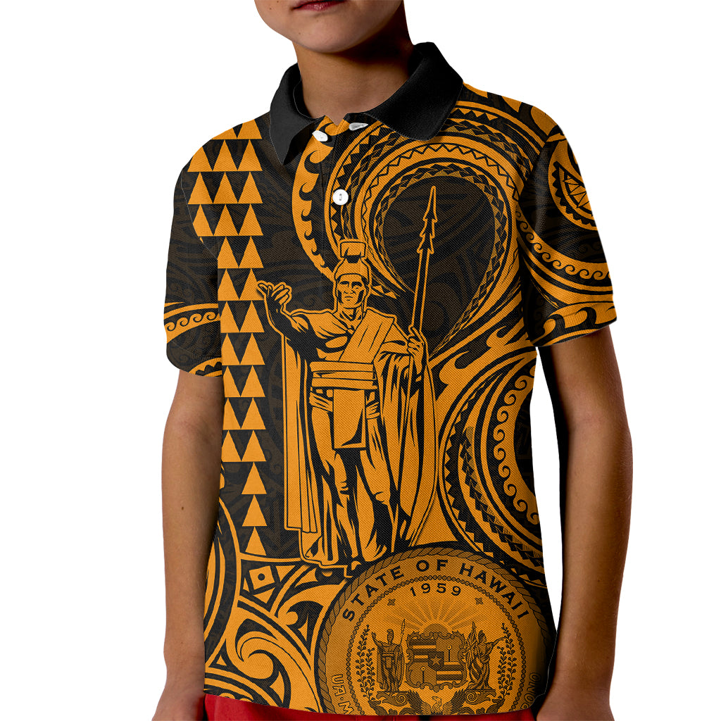 King Kamehameha Day Hawaii Kid Polo Shirt Paradise of the Pacific Tribal Kakau with Kanaka Maoli - Gold LT9 Kid Gold - Polynesian Pride