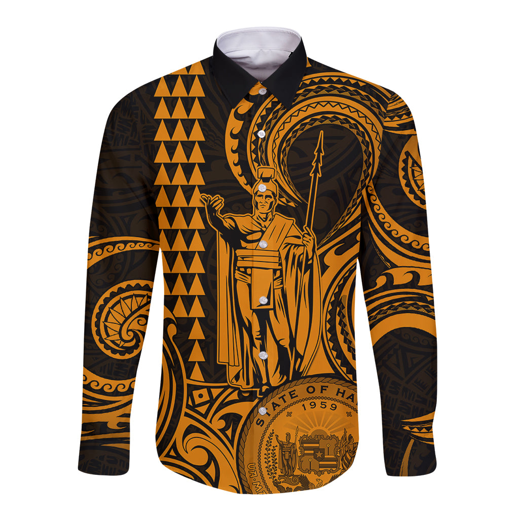 King Kamehameha Day Hawaii Long Sleeve Button Shirt Paradise of the Pacific Tribal Kakau with Kanaka Maoli - Gold LT9 Unisex Gold - Polynesian Pride