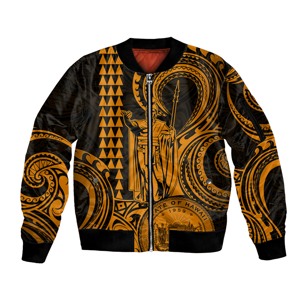 King Kamehameha Day Hawaii Sleeve Zip Bomber Jacket Paradise of the Pacific Tribal Kakau with Kanaka Maoli - Gold LT9 Unisex Gold - Polynesian Pride