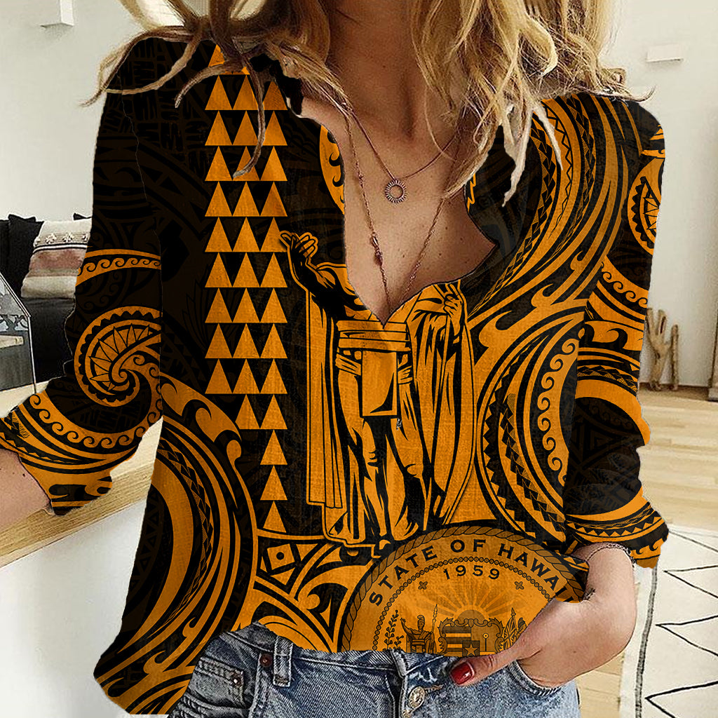 King Kamehameha Day Hawaii Women Casual Shirt Paradise of the Pacific Tribal Kakau with Kanaka Maoli - Gold LT9 Female Gold - Polynesian Pride